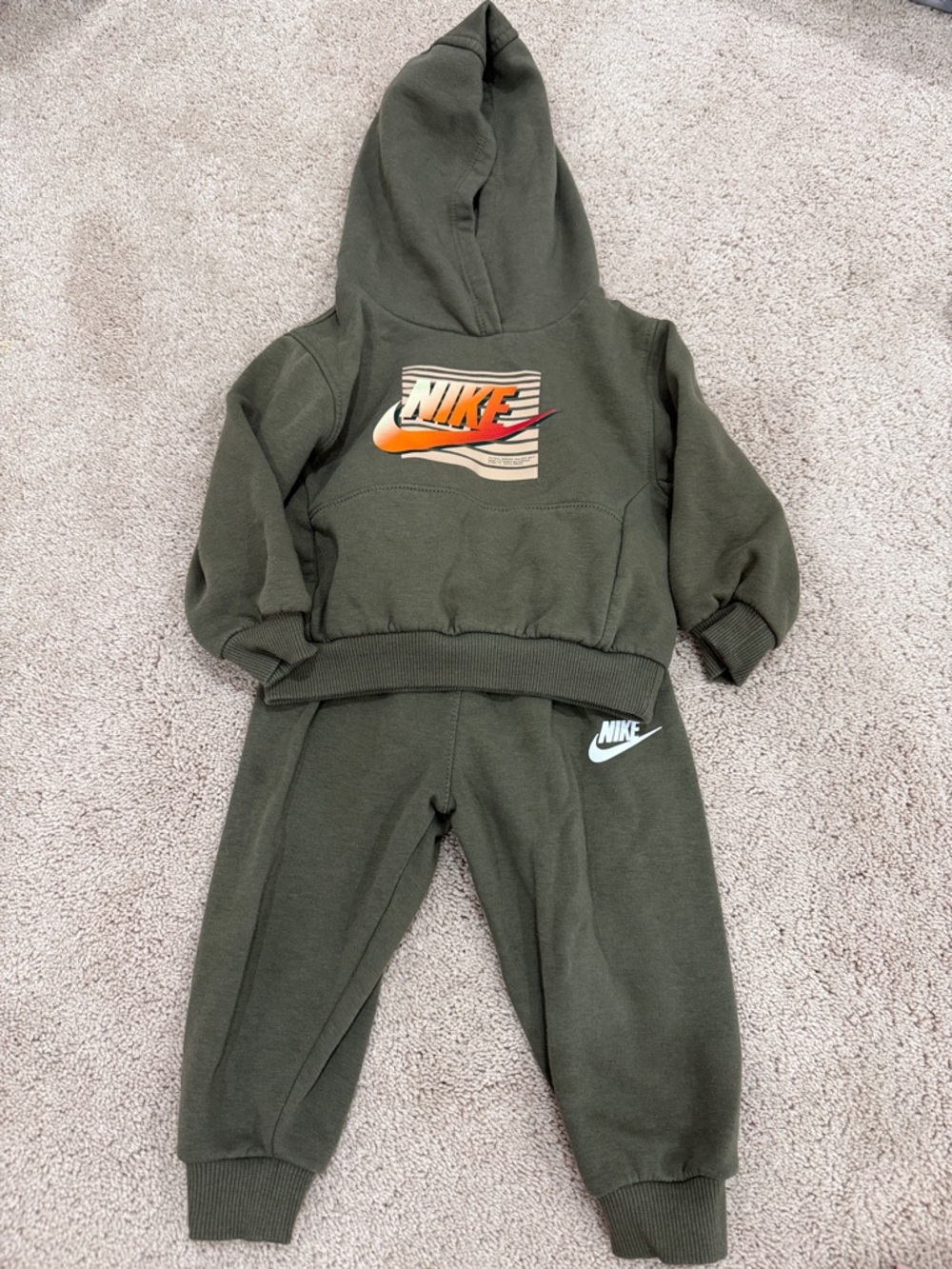Nike Olive Green Hoodie & Jogger Set with Orange Nike Graphic